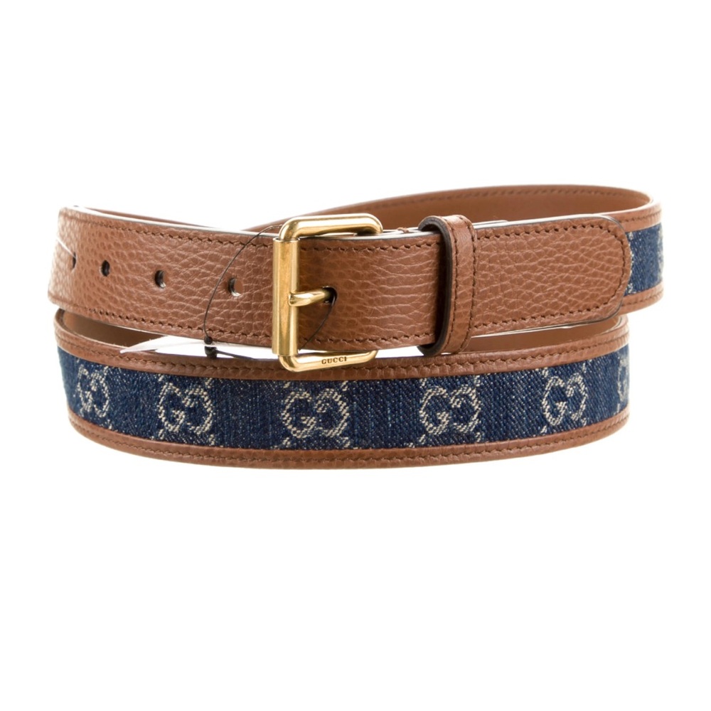 Gucci Brown Leather & Denim Square Buckle Belt
